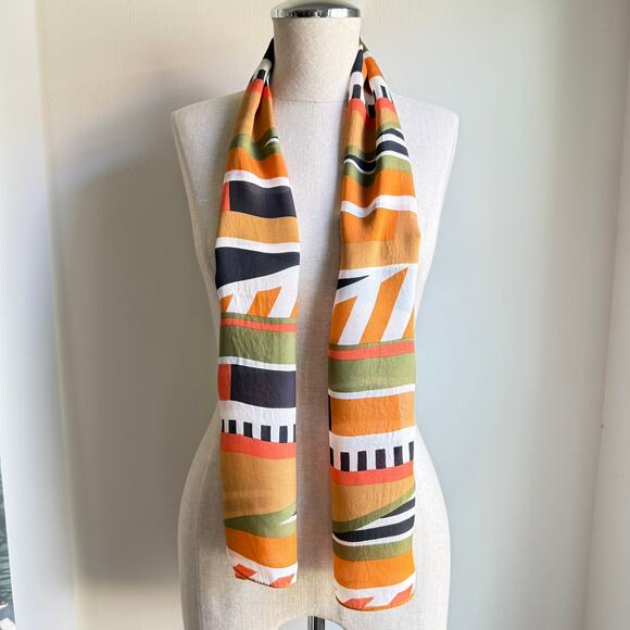 Vintage 100% Silk Scarf Abstract Print Orange Green Black Made in Japan - Picture 3 of 6